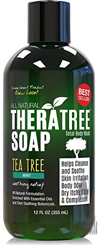 theratree tea tree oil soap with neem oil 12oz helps skin irritation body odor helps restore healthy complexion for body and face by oleavine theratree