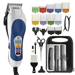 wahl color pro complete hair cutting kit with extended accessories cape includes color coded guide combs and color coded hair length key styling shears and combs for home styling79300 1001